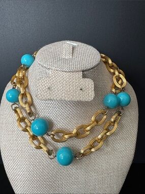 VTG Les Bernard Costume Jewelry Turquoise Bead Gold Plated Link Necklace
